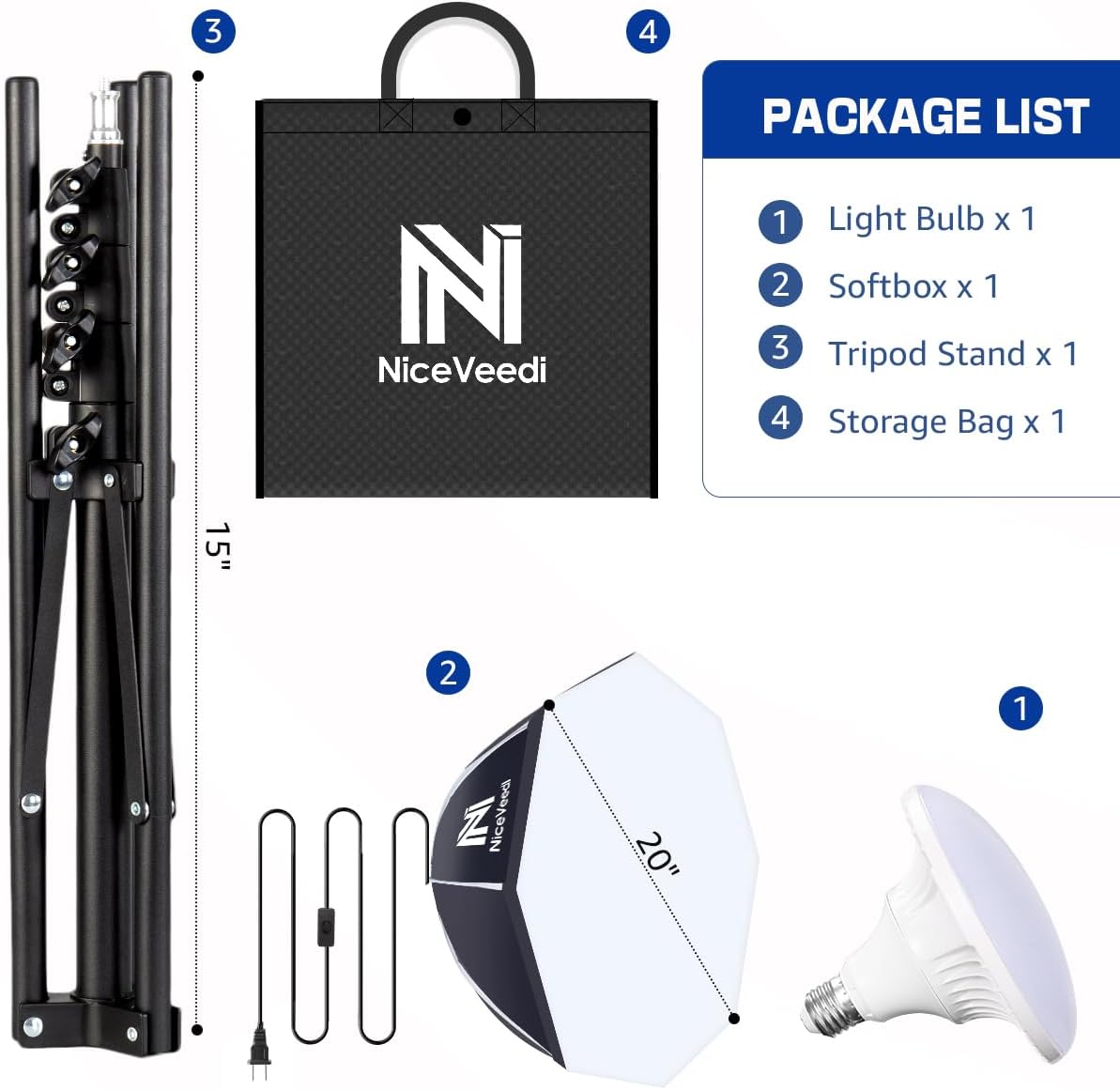 Softbox Photography Lighting Kit, NiceVeedi 20" Softbox Lighting Kit with 5400K 650W Equivalen LED Bulbs & 63" Tripod Stand, Studio Light Kit for Photography Portraits Advertise Shooting, Video Record - Image 5