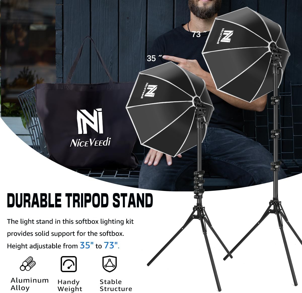 Softbox Photography Lighting Kit, NiceVeedi 20" Softbox Lighting Kit with 5400K 650W Equivalen LED Bulbs & 63" Tripod Stand, Studio Light Kit for Photography Portraits Advertise Shooting, Video Record - Image 6