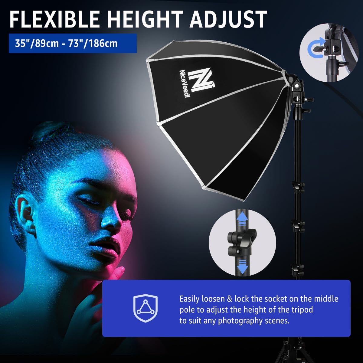Softbox Photography Lighting Kit, NiceVeedi 20" Softbox Lighting Kit with 5400K 650W Equivalen LED Bulbs & 63" Tripod Stand, Studio Light Kit for Photography Portraits Advertise Shooting, Video Record - Image 4