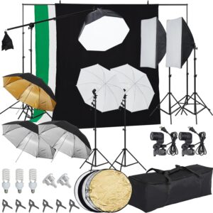 Photography Lighting kit with Backdrops, 8.5ftx10ft Backdrop Stand, 5 tripod stands and Bulb, Umbrella Softbox Continuous Lighting, Photo Studio Equipment for Portrait Product Photo Shoot
